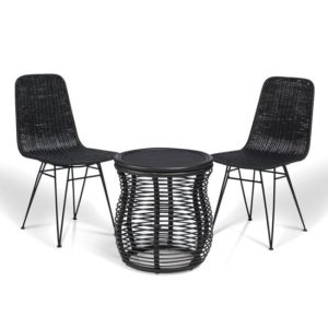 Rybnik Rattan Bistro Set In Black With 2 Puqi Black Dining Chairs