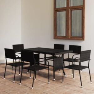 Waco Medium Glass And Rattan 7 Piece Garden Dining Set In Black