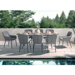 Arica Outdoor Oval Wooden Dining Table With 8 Grey Armchairs