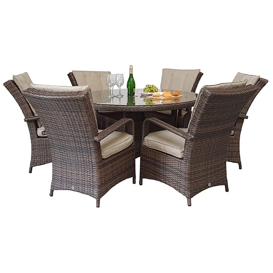 Fetsa Round 135cm Dining Table With 6 Armchairs In Brown Weave