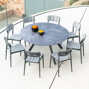 Rykon Grey Ceramic Effect Glass Dining Table With 8 Armchairs